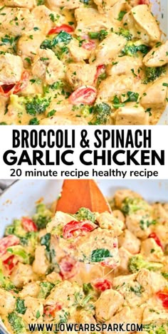 broccoli and spinach garlic chicken in a skillet