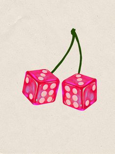 two pink dices with white dots on them sitting next to a green twig