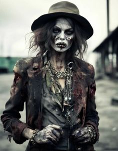 a man dressed in zombie makeup and wearing a hat with chains around his neck is standing on the street