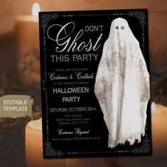 a halloween party flyer with a ghost on it's back and candles in the background