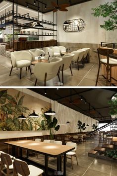 two pictures of the inside of a restaurant with tables, chairs and plants on shelves