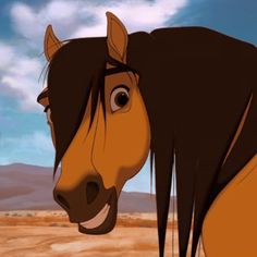 a cartoon horse is smiling in the desert