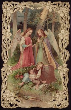 an old fashioned christmas card with angels in the woods