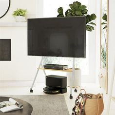 a flat screen tv sitting on top of a wooden stand in a living room next to a potted plant