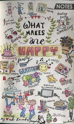 an open notebook with writing on it that says what makes me happy and other doodles