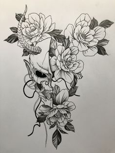 a black and white drawing of flowers with leaves on the bottom half of their head