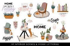 home is where the heart is set of hand drawn doodles with house plants and furniture