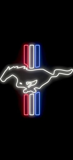 a neon sign with a horse on it's head and the word mustang written in red, white, and blue