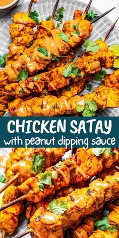 chicken satay with peanut dipping sauce served on skewers and garnished with cilantro