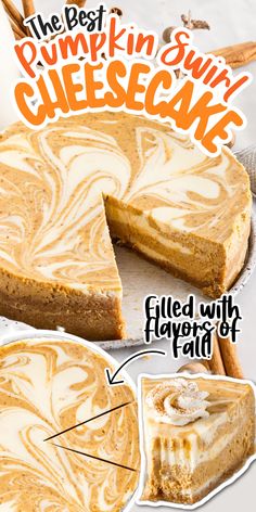 the best pumpkin swirl cheesecake is sliced with layers of frosting