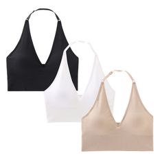 PRICES MAY VARY. 88% Nylon, 12% Spandex Imported Pull-On closure Machine Wash Seamless halter bra: deep V-neck, adjustable halter strap, showing charming figure and charming back. Elastic sling and hem provide you with lightness but enough to meet the needs of daily use or sweet sleep, easy to put on and take off. Easy to match: each color can match your various clothes well, such as low-cut dresses, low-waist dresses, jeans, shirts, dresses and everyday wear. Applicable occasions: going out, ex Exercising At Home, Cut Dresses, Bra Wireless, Sleep Easy, High Neck Sports Bra, Bra Hacks, Low Cut Dresses, Bra For Women, Comfy Bra