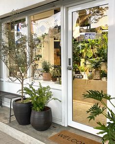 two potted plants are sitting in front of a store