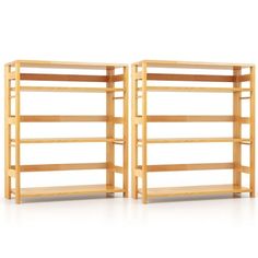 two wooden shelvings sitting next to each other on a white surface with no one in it