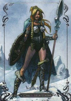 an image of a woman in armor holding a spear and shield with snow on the ground behind her