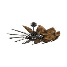 a ceiling fan made out of wood and metal blades