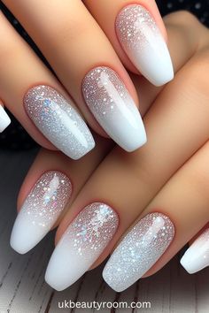 Acrylic With Gems, Cute Milk, Silver Nail Designs, Uk Nails, White Glitter Nails, Nails Design With Rhinestones, Round Nails