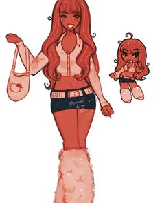 a drawing of a girl with long red hair holding a purse and standing next to a doll