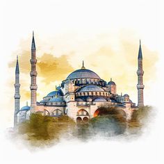 the blue mosque is painted in watercolor and has two minas on top of it