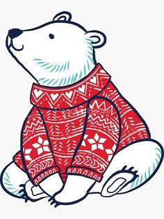 a drawing of a polar bear wearing a red and white sweater sitting on the ground