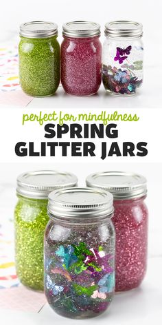 Green, Pink, and Butterfly Glitter Jars Butterfly Jars Diy, Homemade Glitter, Paper Cup Crafts, Insect Crafts, Practicing Mindfulness, Glitter Jars, Ladybug Crafts, Sensory Crafts, Toilet Paper Roll Crafts