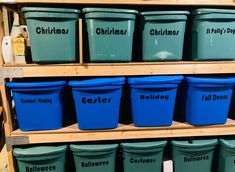 plastic buckets are stacked on shelves in a store