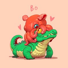 an animal that is sitting on top of a alligator's head with the word bo in