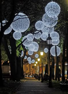 the lights are hanging from the trees on the sidewalk in the city park at night