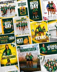 the poster for the women's basketball team is shown in many different colors and sizes