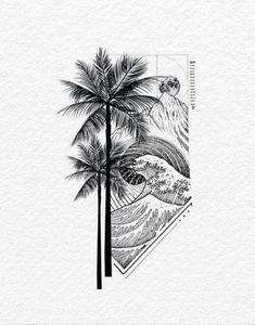 a stamp with palm trees and an ocean wave in the middle, on top of a white