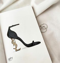 a drawing of a high heeled shoe with a dollar sign on it and a pearl necklace