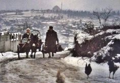 two people are riding horses down a snowy road with their dogs and chickens in the foreground