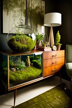 Plant terrarium with moss and succulents inside of mid-century modern Scandinavian design furniture Koti Diy, Beautiful Terrariums, Deco Champetre, Decoration Kitchen, Garden Terrarium, Terrarium Plants, House Plants Decor, Room With Plants, Dream House Decor