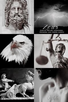 black and white images with an eagle, statue, man, horse, justice symbol