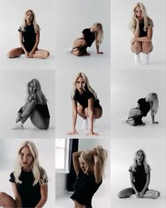 the woman is posing in all black and white poses for her photoshoot with one leg on the floor