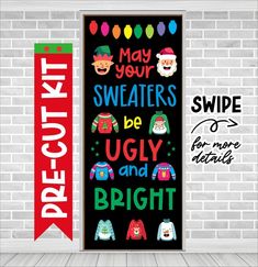 two christmas door hangers on a brick wall with the words, may your sweaters be ugly and bright