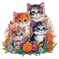 three kittens are sitting in the middle of flowers