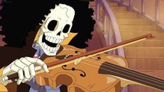 an animated skeleton playing the violin in front of stairs