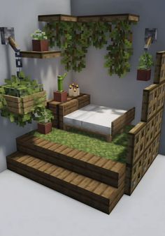 a bed made out of wooden pallets and plants