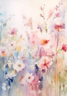 an abstract painting of flowers in pink, blue and white colors with watercolor effect