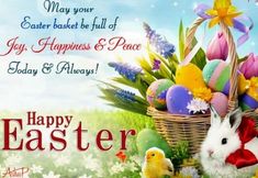 a happy easter card with an image of a bunny in a basket