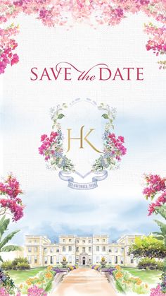 save the date card with pink flowers and an image of a building in the background