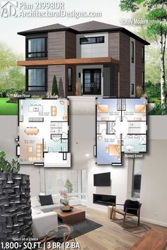 two story house plan with 3 bedroom and 2 bath in the front, an open living room