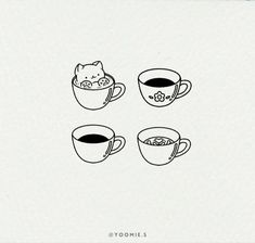 three coffee cups filled with different types of food and one has a cat in it