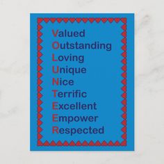 a blue sign with words on it that say value outstanding loving unique nice excellent emo power respected