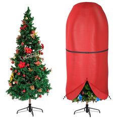 a christmas tree is next to an inflatable sleeping bag on a tripod stand