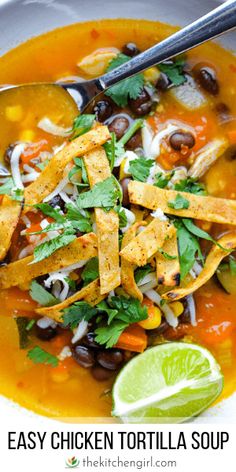 easy chicken tortilla soup in a bowl with cilantro and black beans