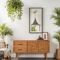 a living room with some plants on the wall