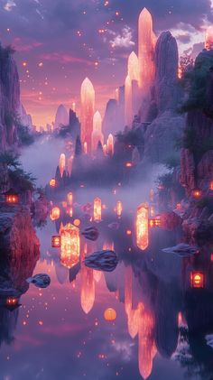 lanterns floating in the air over a lake surrounded by mountains and rocks at night time