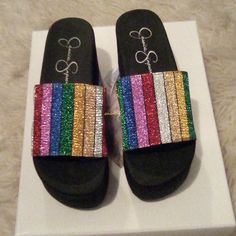 Jessica Simpson Wedge Sandals/Open Toe And Back With A 3 Inch Rubber Platform Sole/Color Rainbow Metallic/Size 5m/Nwot Never Been Worked/In New Excellent Condition Includes Box High Wedge Shoes, Jessica Simpson Sandals, Yellow Wedges, Brown Wedge Heels, Tan Leather Sandals, Nude Wedges, Cute Wedges, Glitter Sandals, Shoes Sandals Heels