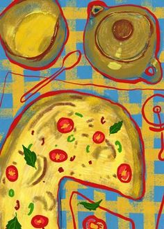 a painting of a pizza on a table with other food and utensils around it